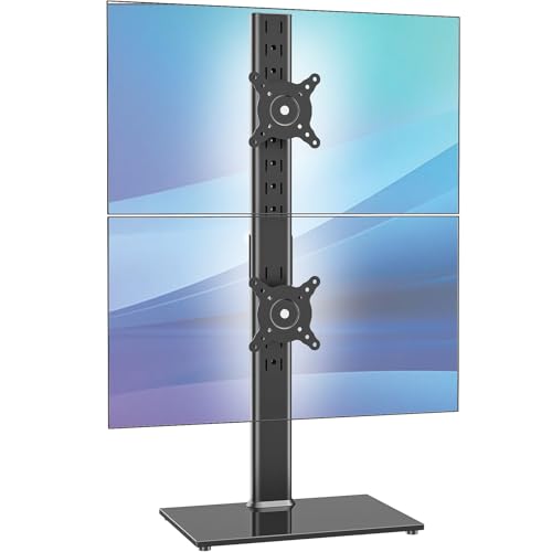 Dual Monitor Stand - Vertical Stack Screen Free-Standing Desk Mount Arm Riser Fits Two 13 to 34 Inch Computer Monitors with Swivel, Tilt, Height Adjustable, VESA Stand 100 x 100mm, 75 x 75mm AX05TB02