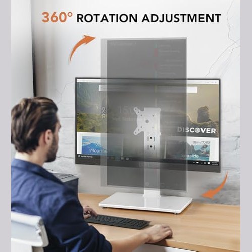 Single LCD Computer Monitor Free-Standing Desk Stand Riser for 13 inch to 32 inch Screen with Swivel, Height Adjustable, Rotation, Holds One (1) Screen up to 77Lbs(HT05W-001) White