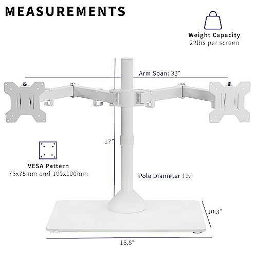 VIVO Freestanding Dual Monitor Stand with Sleek Glass Base and Adjustable Arms, Mounts 2 Screens up to 32 inch and 22 lbs Each, White, STAND-V002FGW