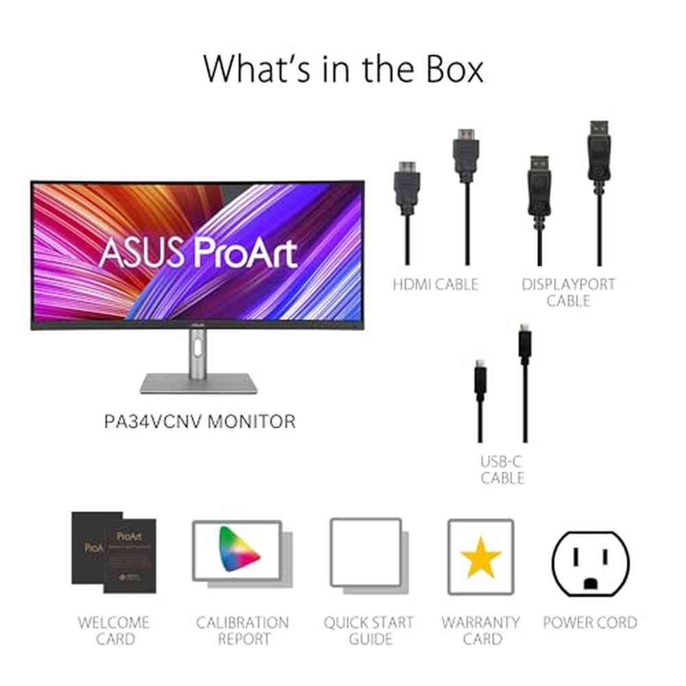 ASUS ProArt Display 34” Ultrawide Curved Professional HDR Monitor (PA34VCNV) - IPS, 21:9 3440 x 1440, 3800R Curve, 100% sRGB/Rec709, ΔE<2, Calman Verified, USB-C Docking PD 96W, RJ45, 3 Year Warranty