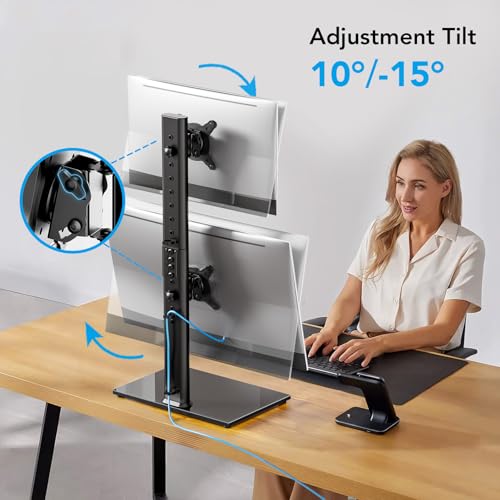 Dual Monitor Stand - Vertical Stack Screen Free-Standing Desk Mount Arm Riser Fits Two 13 to 34 Inch Computer Monitors with Swivel, Tilt, Height Adjustable, VESA Stand 100 x 100mm, 75 x 75mm AX05TB02