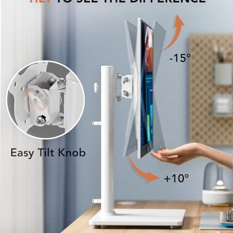 Single LCD Computer Monitor Free-Standing Desk Stand Riser for 13 inch to 32 inch Screen with Swivel, Height Adjustable, Rotation, Holds One (1) Screen up to 77Lbs(HT05W-001) White