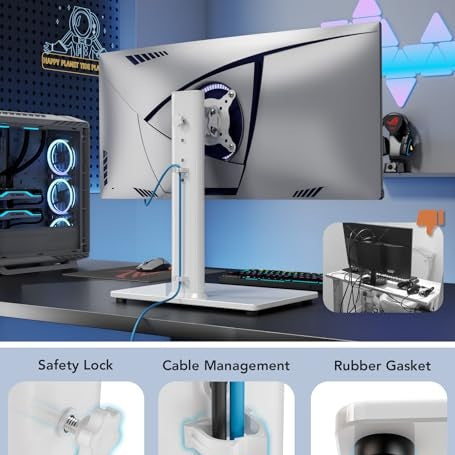 Single LCD Computer Monitor Free-Standing Desk Stand Riser for 13 inch to 32 inch Screen with Swivel, Height Adjustable, Rotation, Holds One (1) Screen up to 77Lbs(HT05W-001) White