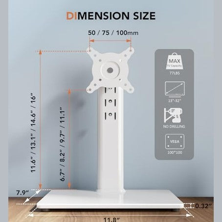 Single LCD Computer Monitor Free-Standing Desk Stand Riser for 13 inch to 32 inch Screen with Swivel, Height Adjustable, Rotation, Holds One (1) Screen up to 77Lbs(HT05W-001) White