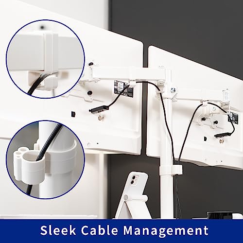 VIVO Freestanding Dual Monitor Stand with Sleek Glass Base and Adjustable Arms, Mounts 2 Screens up to 32 inch and 22 lbs Each, White, STAND-V002FGW