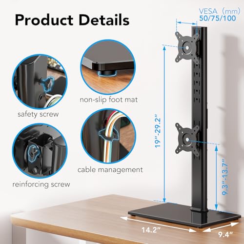 Dual Monitor Stand - Vertical Stack Screen Free-Standing Desk Mount Arm Riser Fits Two 13 to 34 Inch Computer Monitors with Swivel, Tilt, Height Adjustable, VESA Stand 100 x 100mm, 75 x 75mm AX05TB02