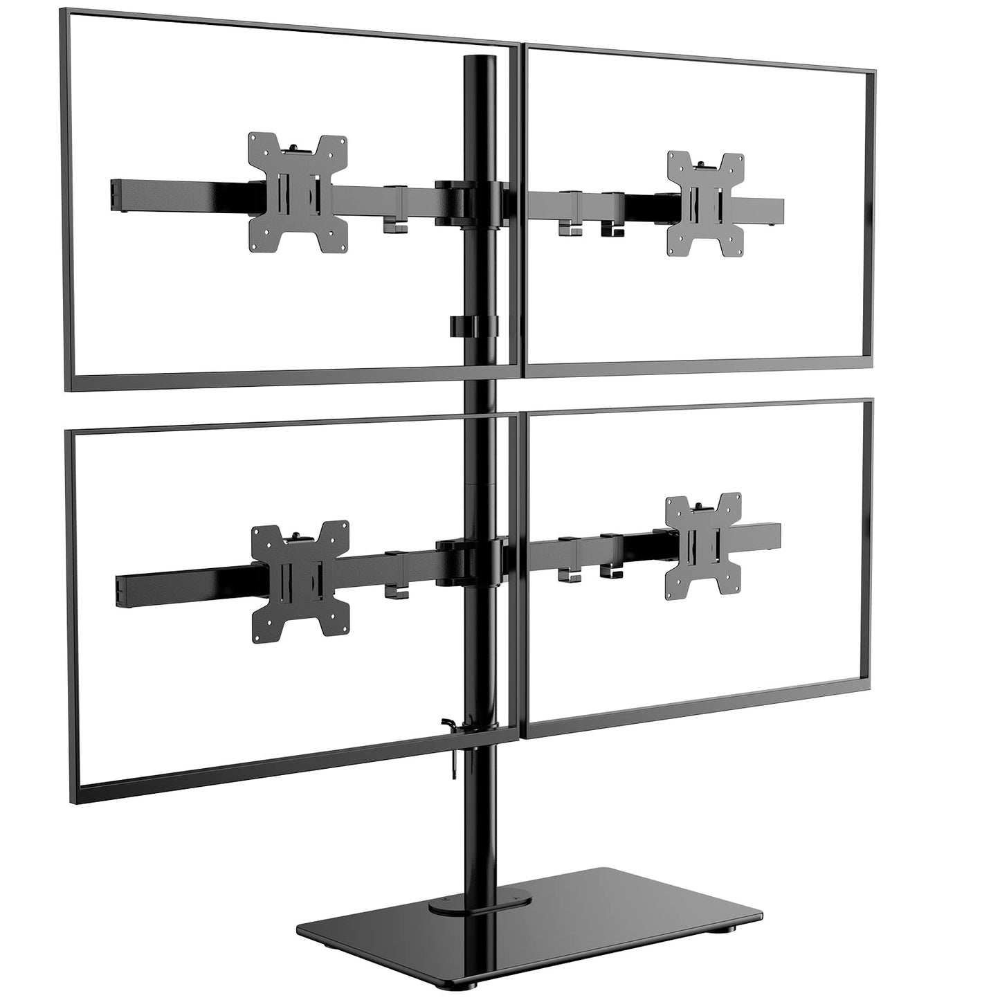 WALI Freestanding Quad Monitor Mount for 17-27 Inch Screens, Fully Adjustable 4 Monitor Stand with Swivel, Tilt, Rotation, Glass Base, Max Load 22 lbs per Arm (GMF004), Black
