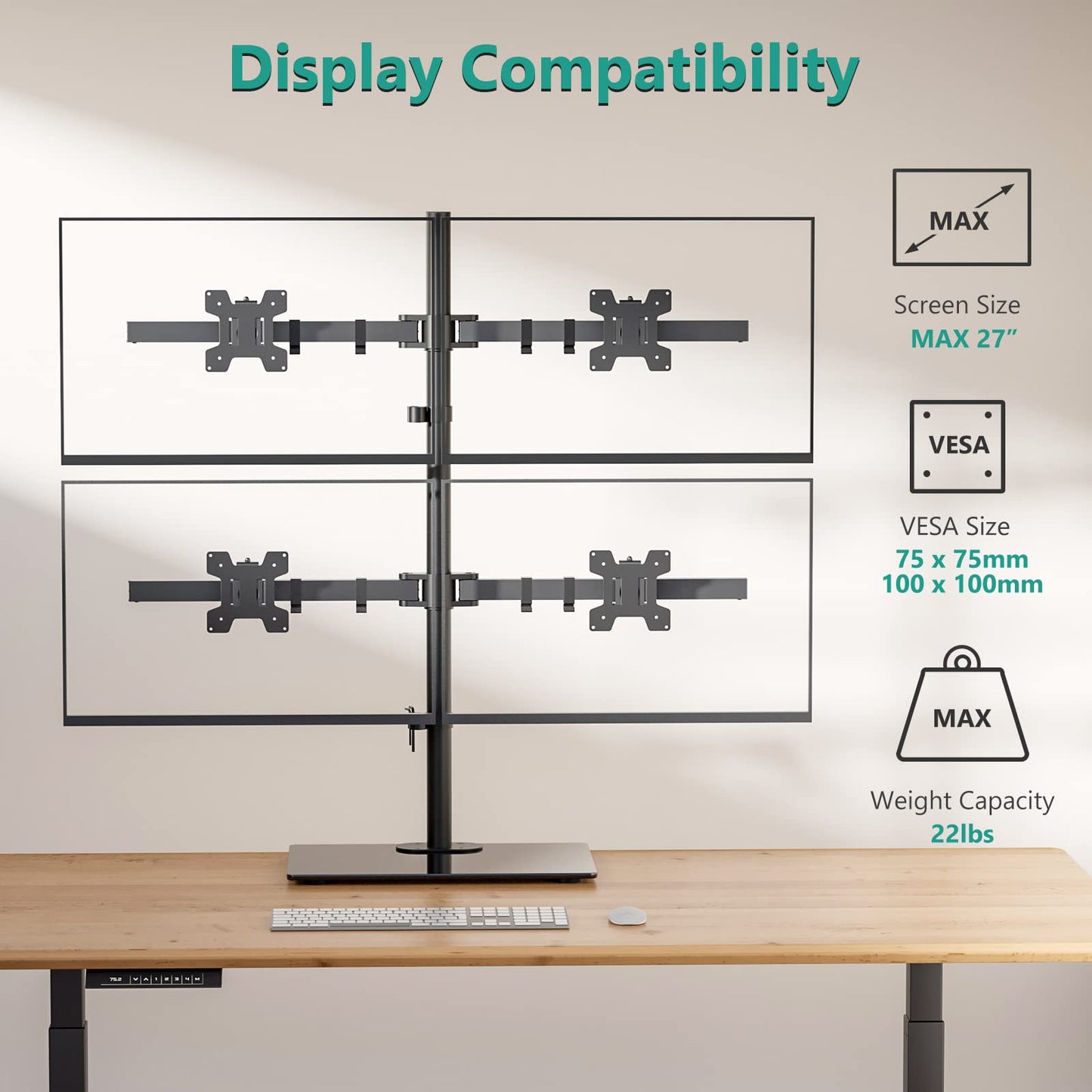 WALI Freestanding Quad Monitor Mount for 17-27 Inch Screens, Fully Adjustable 4 Monitor Stand with Swivel, Tilt, Rotation, Glass Base, Max Load 22 lbs per Arm (GMF004), Black