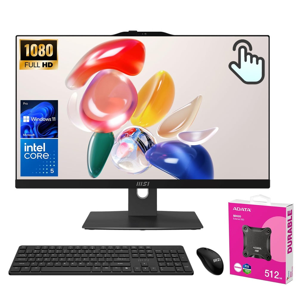 MSI Pro Modern 23.8" FHD AIO Desktop, Touchscreen, 10 Cores Intel Core 5 120U, 64GB DDR5 RAM, 2TB SSD, Adjustable Height & Angle, IR Webcam, AI Engine, Win11 P, Bundle with ADATA 512GB Mobile SSD