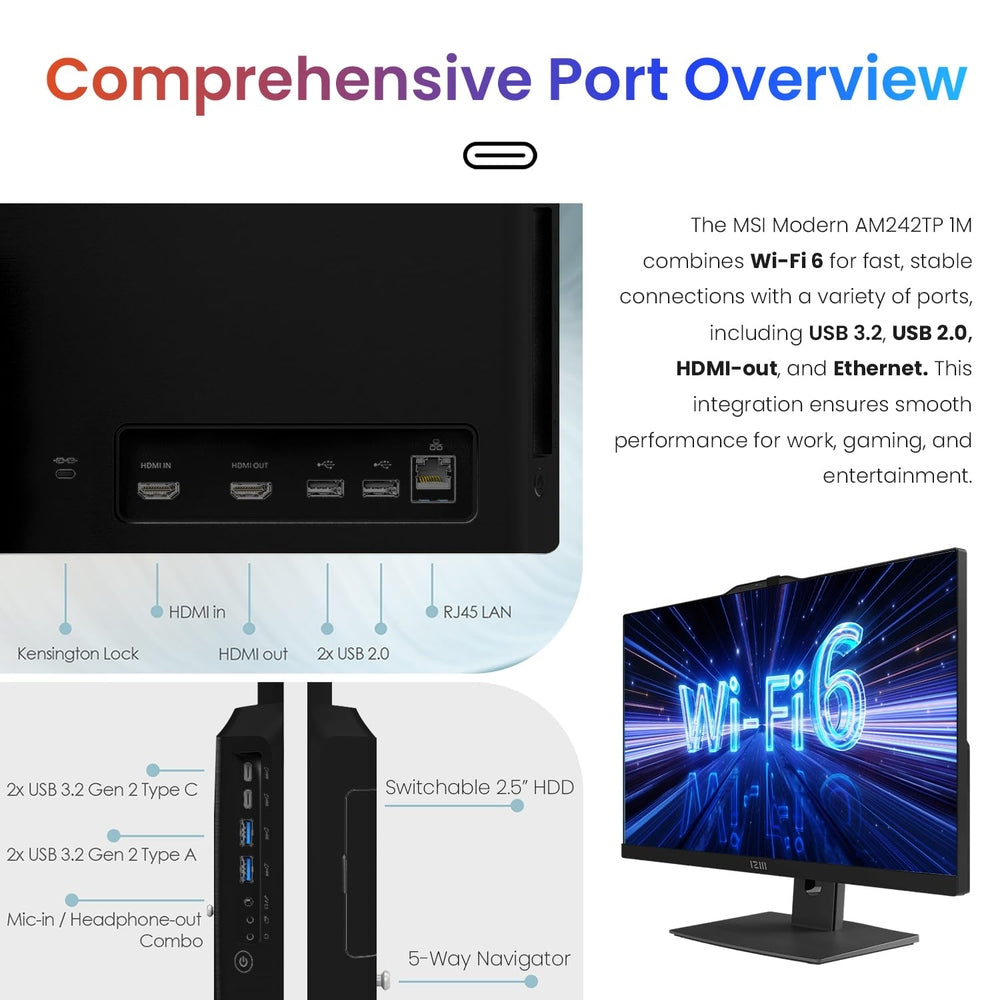 MSI Pro Modern 23.8" FHD AIO Desktop, Touchscreen, 10 Cores Intel Core 5 120U, 64GB DDR5 RAM, 2TB SSD, Adjustable Height & Angle, IR Webcam, AI Engine, Win11 P, Bundle with ADATA 512GB Mobile SSD