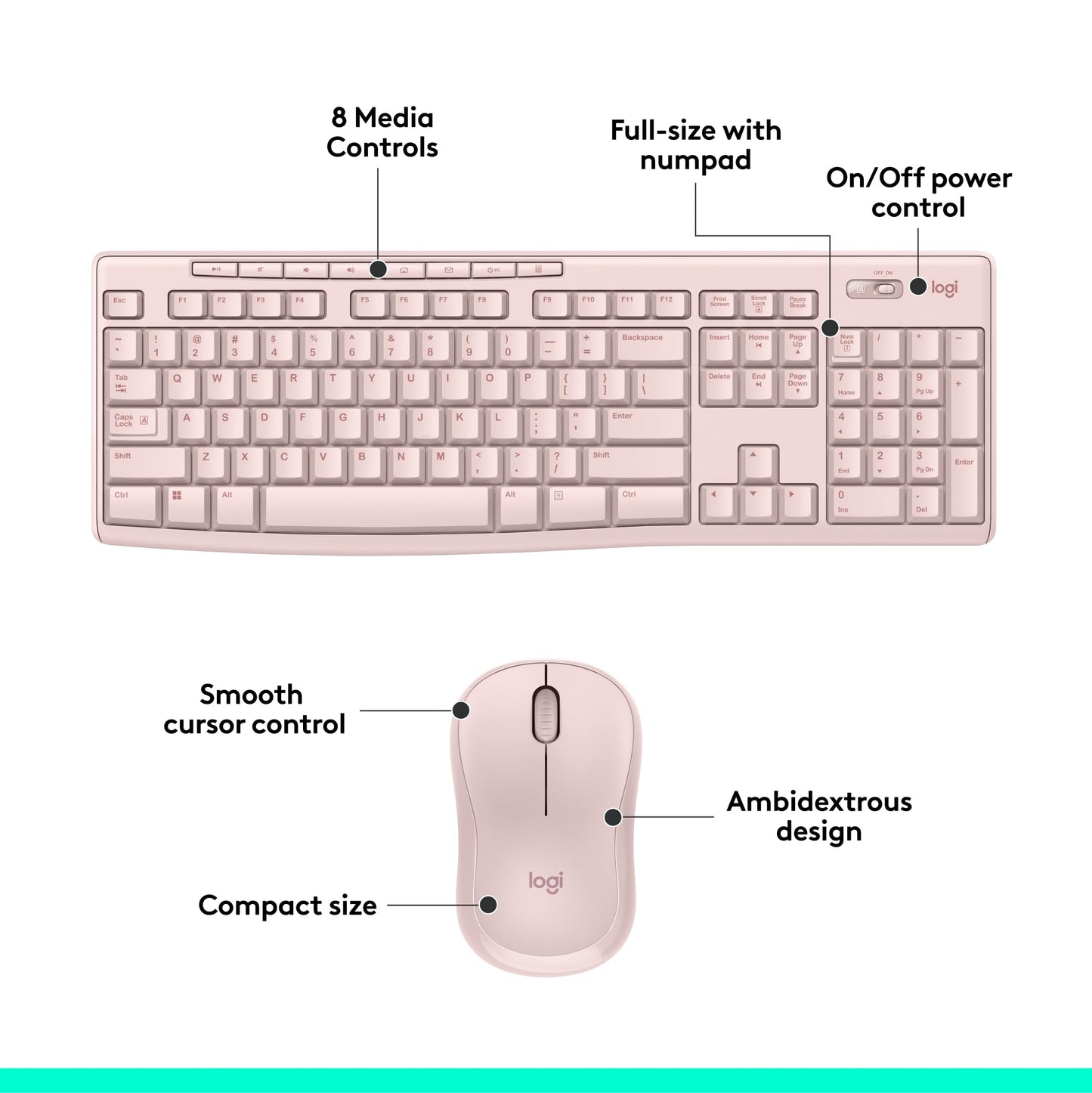 Logitech MK270 Wireless Keyboard and Mouse Combo for Windows, 2.4 GHz Wireless, Compact Mouse, 8 Multimedia and Shortcut Keys, 2-Year Battery Life, for PC, Laptop - Rose