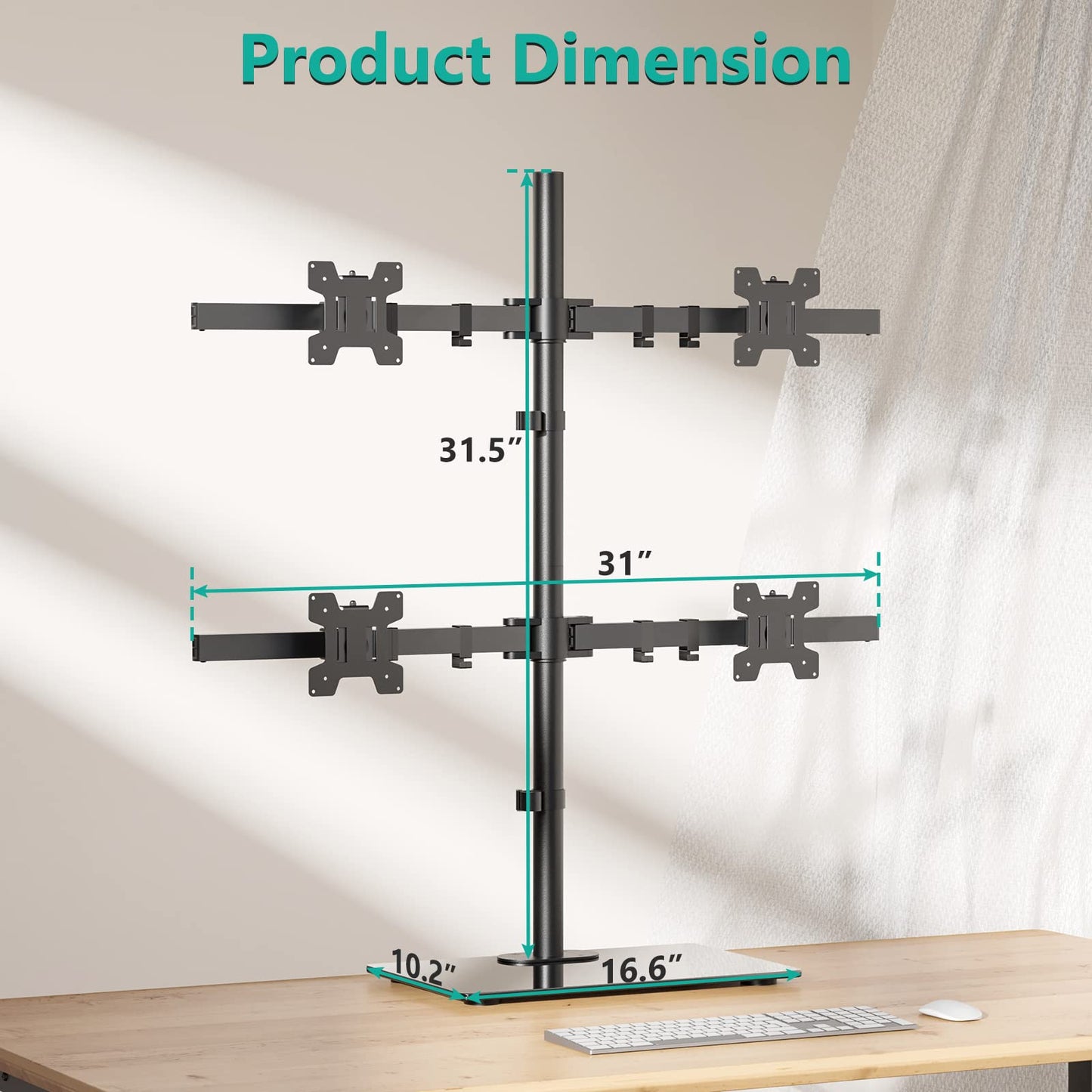 WALI Freestanding Quad Monitor Mount for 17-27 Inch Screens, Fully Adjustable 4 Monitor Stand with Swivel, Tilt, Rotation, Glass Base, Max Load 22 lbs per Arm (GMF004), Black