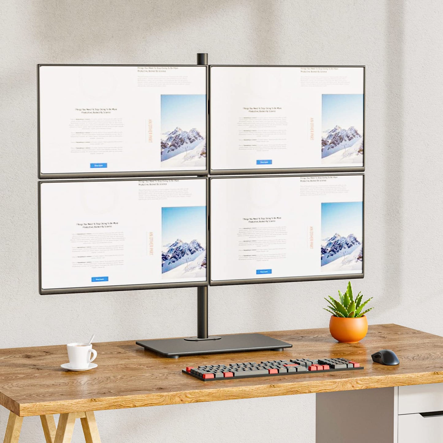 WALI Freestanding Quad Monitor Mount for 17-27 Inch Screens, Fully Adjustable 4 Monitor Stand with Swivel, Tilt, Rotation, Glass Base, Max Load 22 lbs per Arm (GMF004), Black