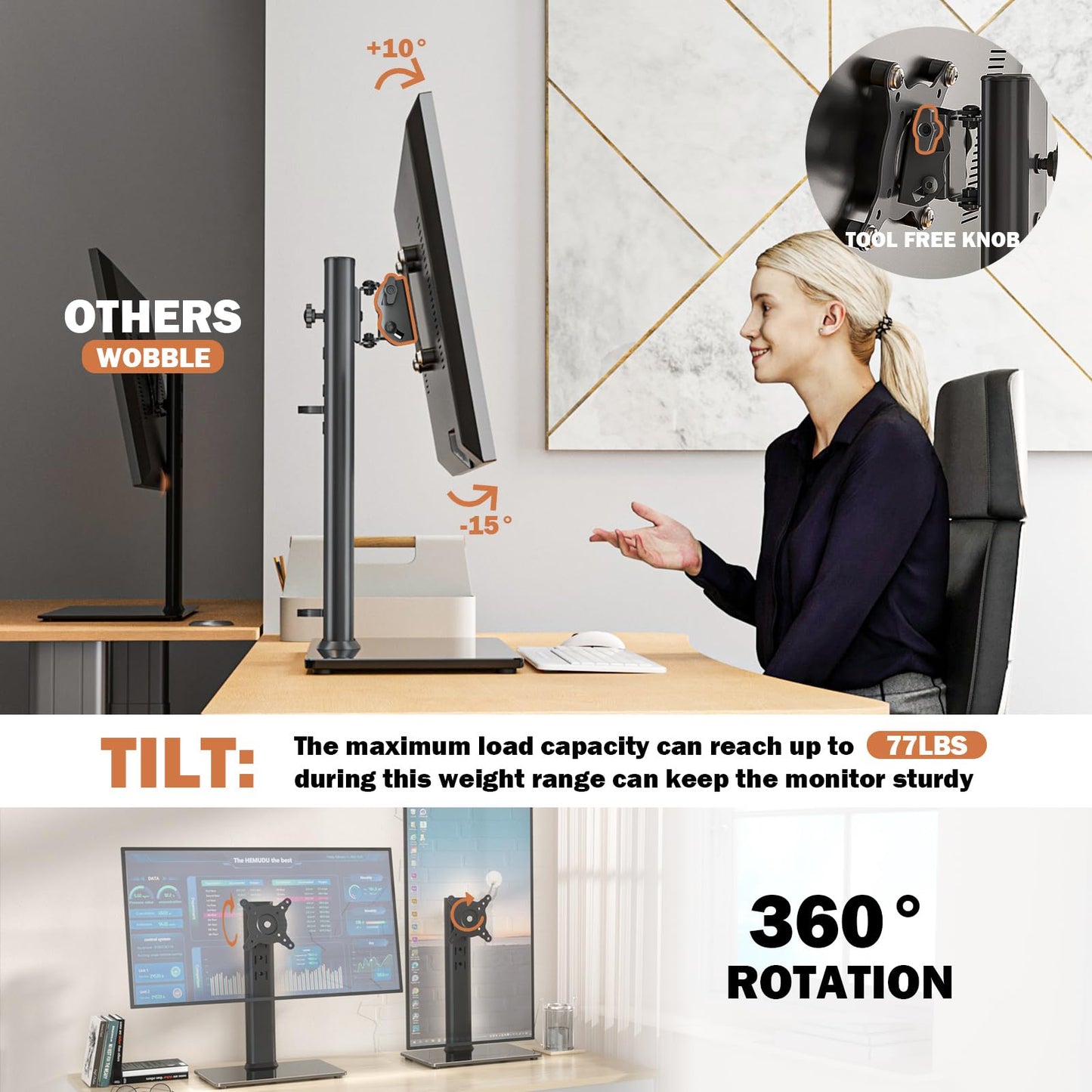 Single LCD Computer Monitor Free-Standing Desk Stand Mount Riser for 13 inch to 32 inch screen with Swivel, Height Adjustable, Rotation, Vesa Base Stand Holds One (1) Screen up to 77Lbs(HT05B-001))