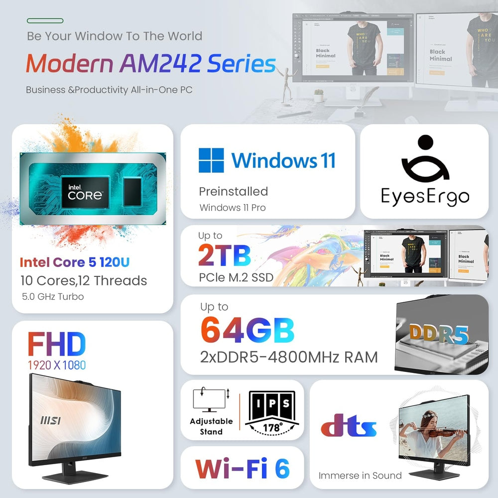 MSI Pro Modern 23.8" FHD AIO Desktop, Touchscreen, 10 Cores Intel Core 5 120U, 32GB DDR5 RAM, 2TB SSD, Adjustable Height & Angle, IR Webcam, AI Engine, Win11 P, Bundle with ADATA 512GB Mobile SSD