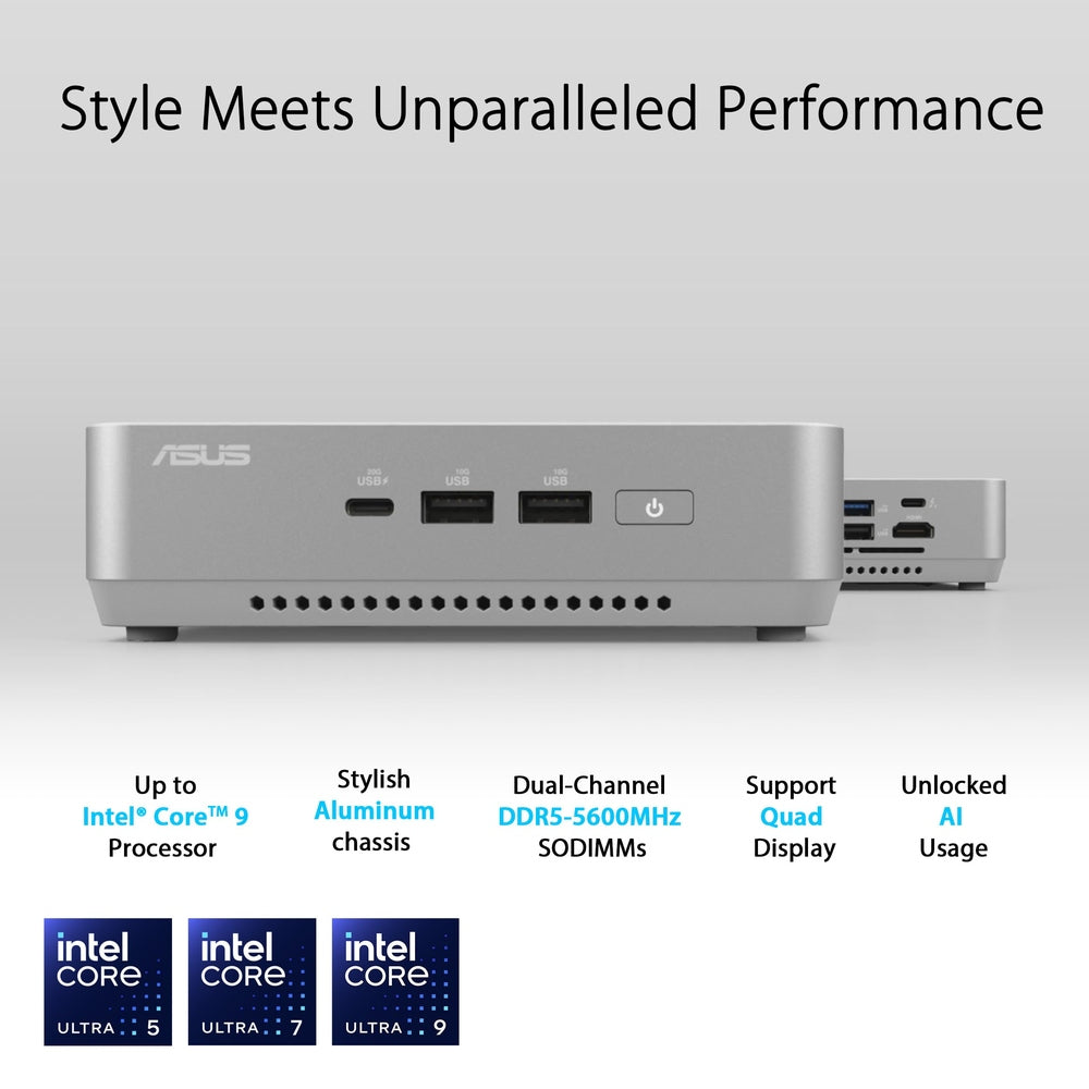 ASUS NUC 14 Pro+ Full System Mini PC with Intel 14th Gen Core Ultra 9 185H, 32GB DDR5 RAM, 1TB PCIe G4x4 NVMe SSD, Thunderbolt 4, Win 11 Home, Silver Aluminum Chassis, VESA Mount Included