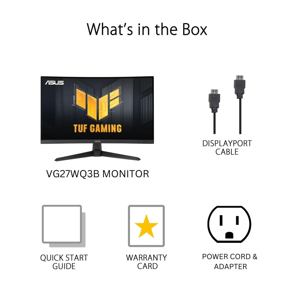 ASUS TUF Gaming 27” 1440P Curved HDR Gaming Monitor (VG27WQ3B) - QHD (2560 x 1440), 180Hz, 0.5ms, 1500R, Extreme Low Motion Blur, FreeSync, 90% DCI-P3, Shadow Boost, DisplayWidget, 3 yr Warranty