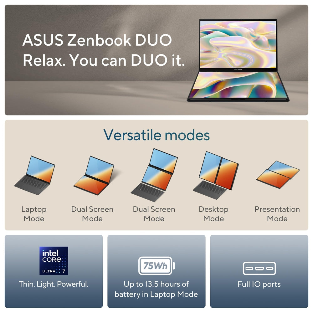 ASUS Zenbook DUO Dual 14" OLED 3K 120Hz Touchscreen Laptop Intel Core Ultra 7 255H 32GB RAM 1TB SSD Inkwell Gray