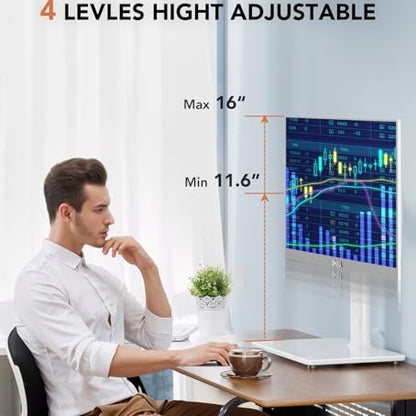 Single LCD Computer Monitor Free-Standing Desk Stand Riser for 13 inch to 32 inch Screen with Swivel, Height Adjustable, Rotation, Holds One (1) Screen up to 77Lbs(HT05W-001) White