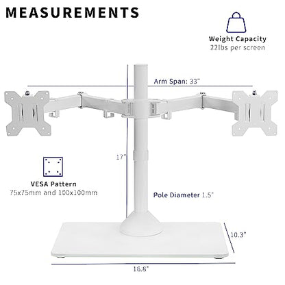 VIVO Freestanding Dual Monitor Stand with Sleek Glass Base and Adjustable Arms, Mounts 2 Screens up to 32 inch and 22 lbs Each, White, STAND-V002FGW