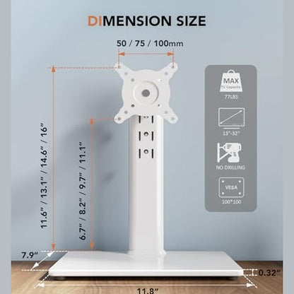 Single LCD Computer Monitor Free-Standing Desk Stand Riser for 13 inch to 32 inch Screen with Swivel, Height Adjustable, Rotation, Holds One (1) Screen up to 77Lbs(HT05W-001) White