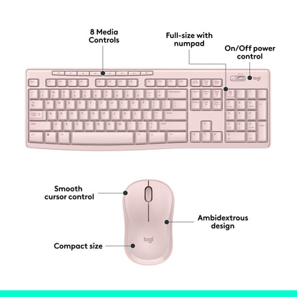 Logitech MK270 Wireless Keyboard and Mouse Combo for Windows, 2.4 GHz Wireless, Compact Mouse, 8 Multimedia and Shortcut Keys, 2-Year Battery Life, for PC, Laptop - Rose