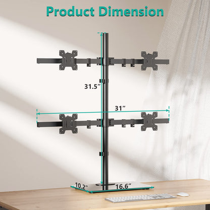 WALI Freestanding Quad Monitor Mount for 17-27 Inch Screens, Fully Adjustable 4 Monitor Stand with Swivel, Tilt, Rotation, Glass Base, Max Load 22 lbs per Arm (GMF004), Black