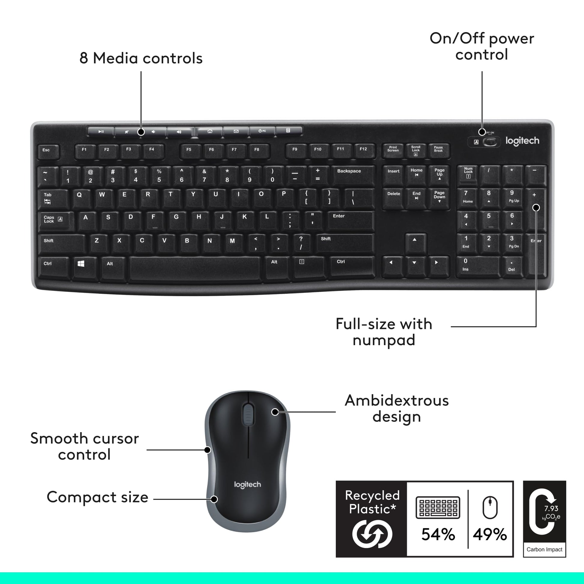 Logitech MK270 Wireless Keyboard And Mouse Combo For Windows, 2.4 GHz Wireless, Compact Mouse, 8 Multimedia And Shortcut Keys, For PC, Laptop - Black