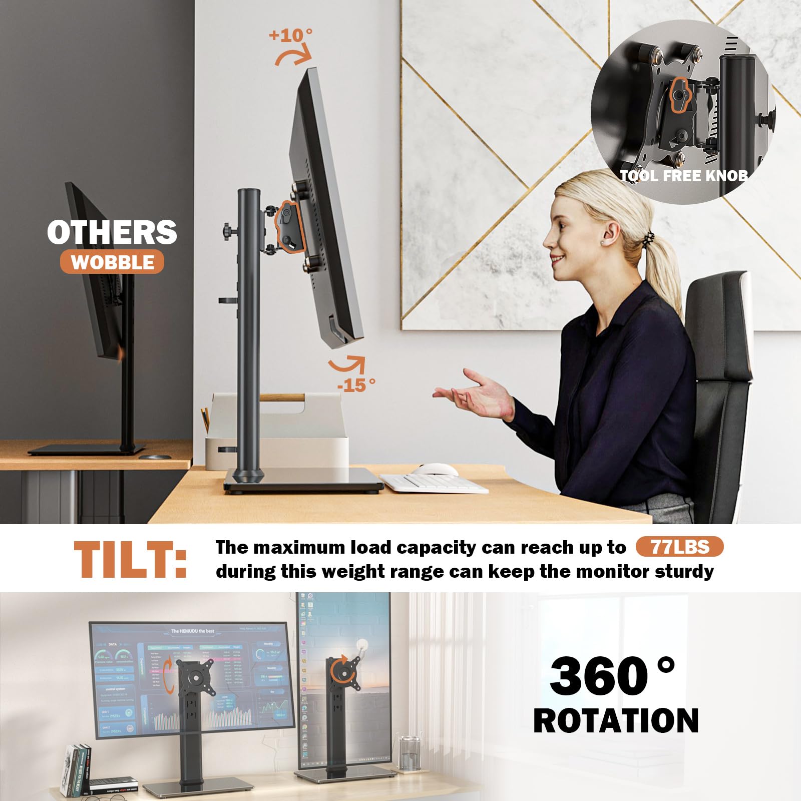 Single LCD Computer Monitor Free-Standing Desk Stand Mount Riser for 13 inch to 32 inch screen with Swivel, Height Adjustable, Rotation, Vesa Base Stand Holds One (1) Screen up to 77Lbs(HT05B-001))