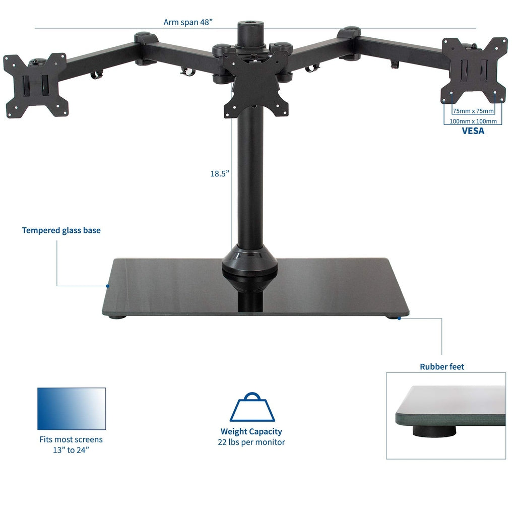 VIVO Black Triple Monitor Mount Freestanding Desk Stand with Glass Base