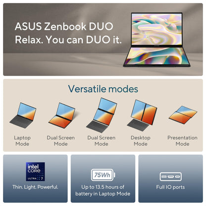 ASUS Zenbook DUO Dual 14" OLED 3K 120Hz Touchscreen Laptop Intel Core Ultra 7 255H 32GB RAM 1TB SSD Inkwell Gray